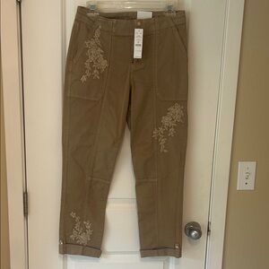 White House Black Market Khaki Embroidered Cropped Pants